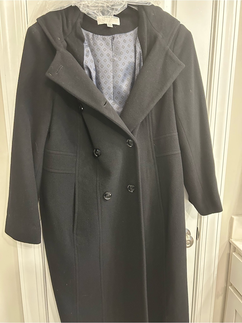 Anne Klein Black Double-Breasted Hooded Wool Peacoat